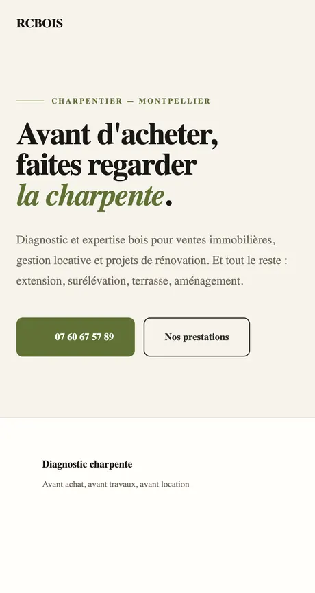Site refait pour RCBOIS, charpentier à Montpellier.