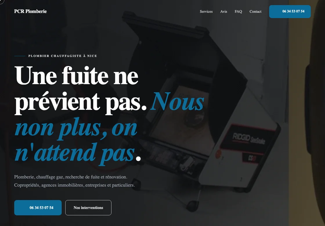 Le nouveau site de PCR Plomberie, plombier chauffagiste à Nice.